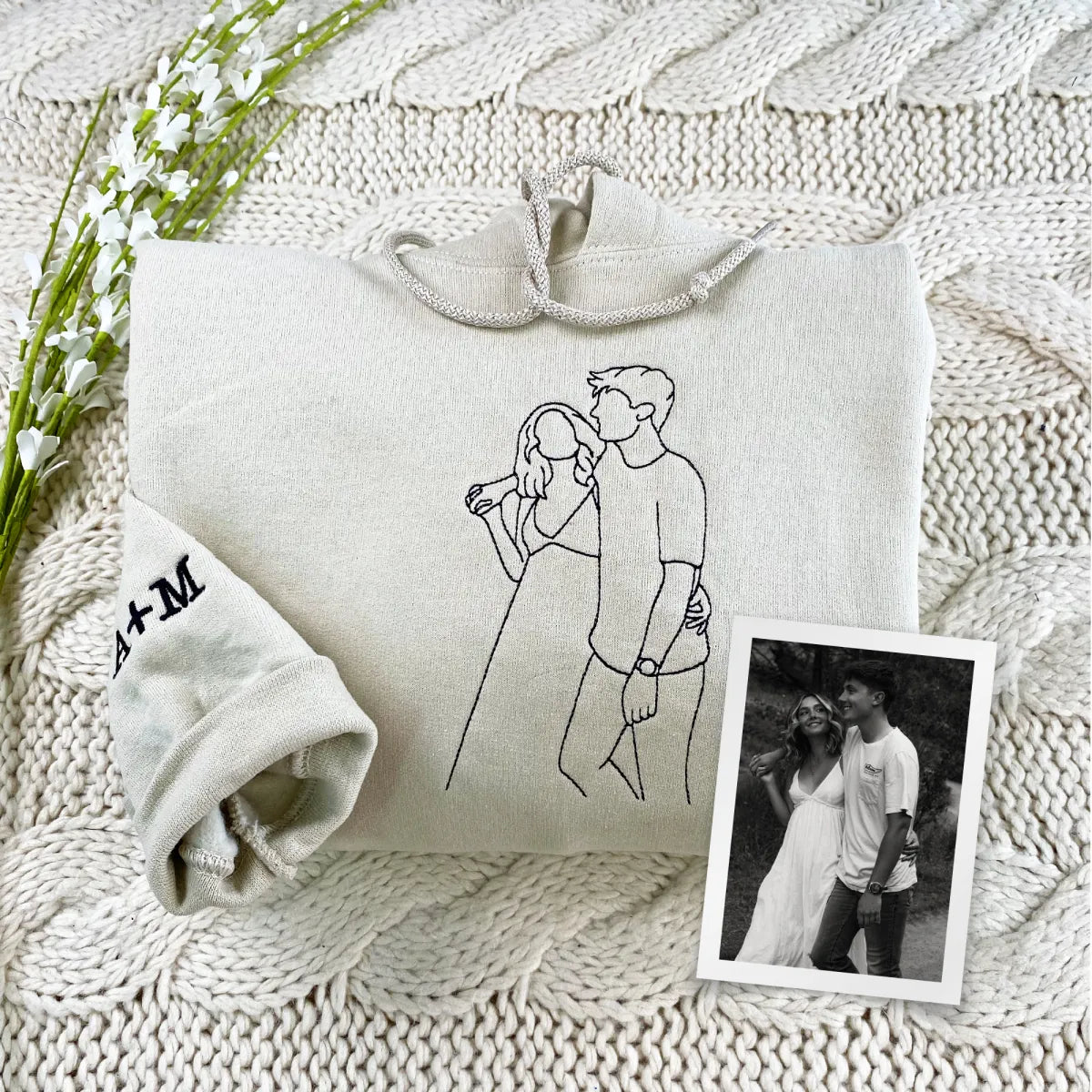 Embroidered Couple Portrait Outline Hoodie from Photo - Gift