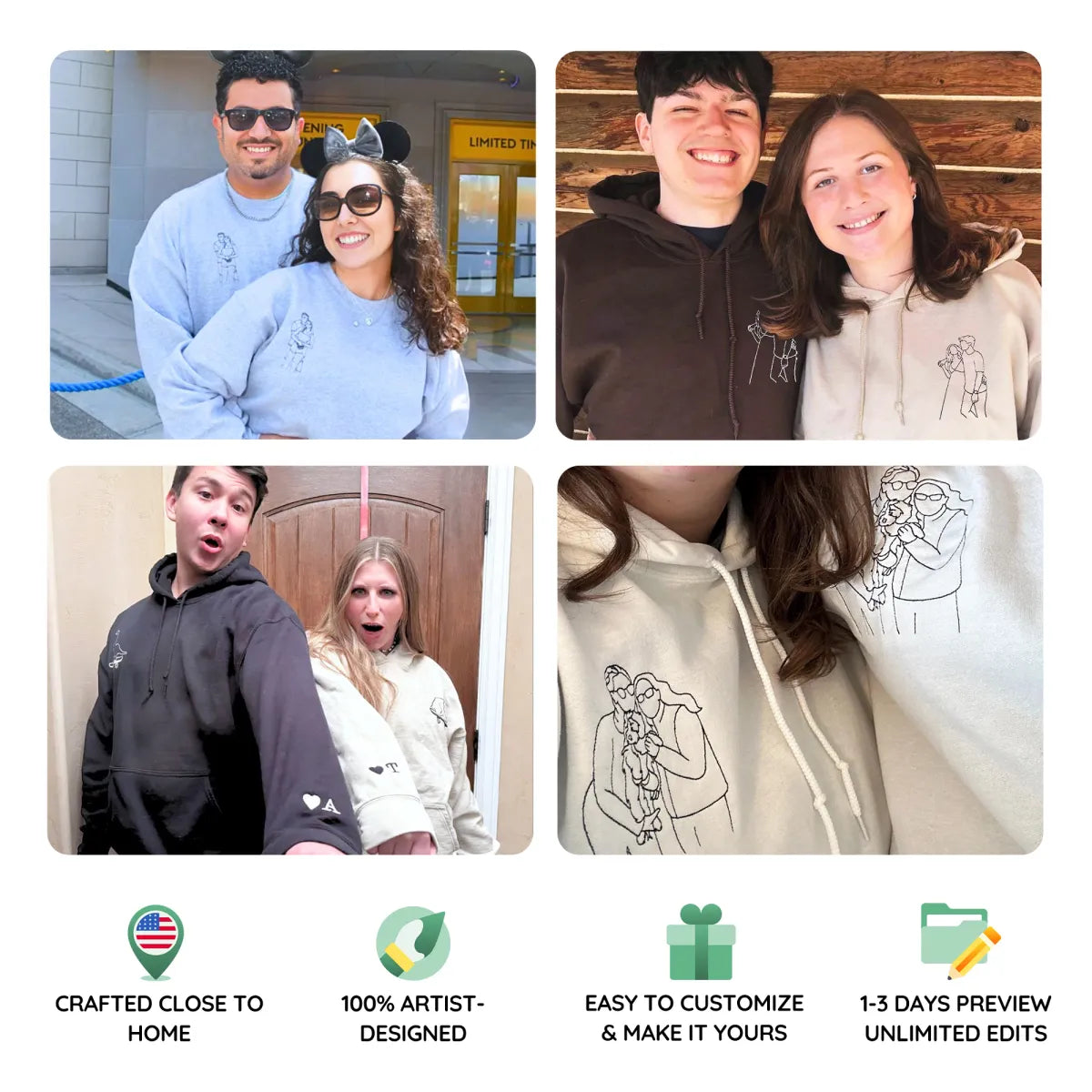 Embroidered Couple Portrait Outline Hoodie from Photo - Gift