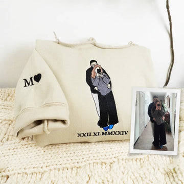 Embroidered Roman Numeral Hoodie with Photo Portrait - Couple Gift
