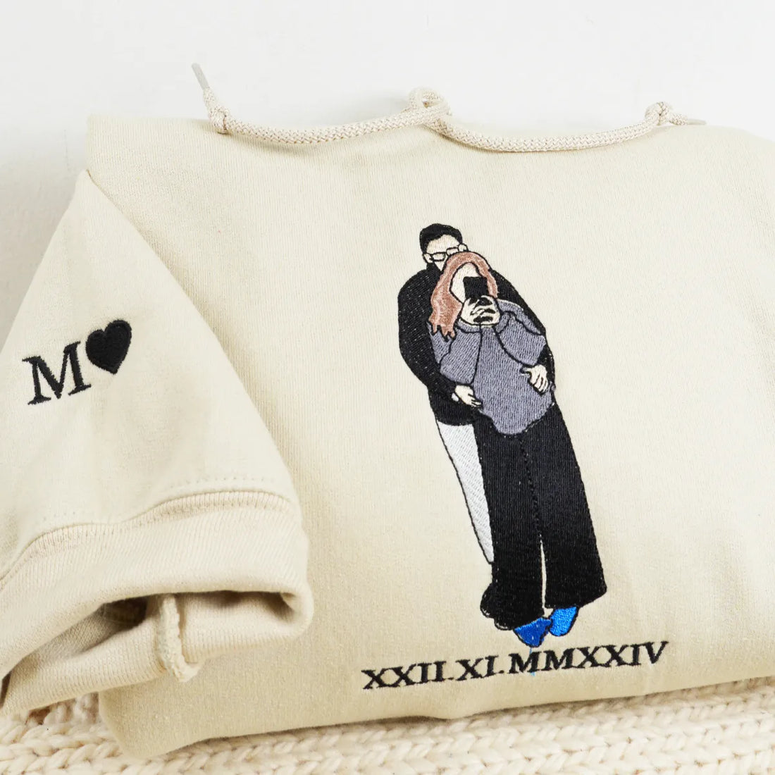 Embroidered Roman Numeral Hoodie with Photo Portrait - Couple Gift