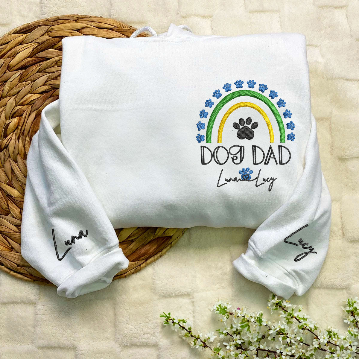 Embroidered Dog Dad Hoodie with Pet Names - Rainbow Design Pet Gift
