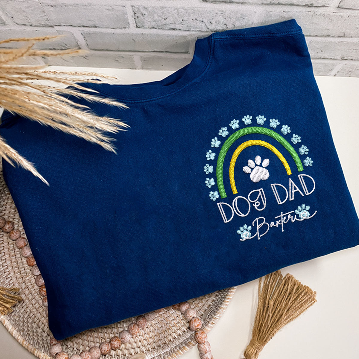 Embroidered Dog Dad T-Shirt with Pet Names - Rainbow Design Pet Gift