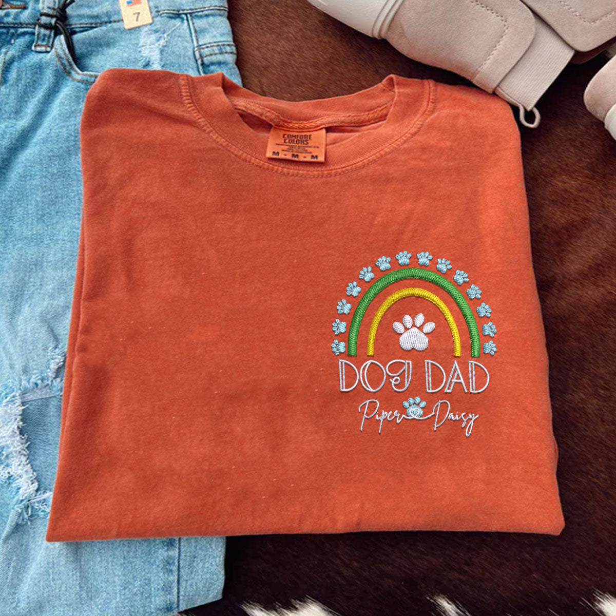 Embroidered Dog Dad T-Shirt with Pet Names - Rainbow Design Pet Gift