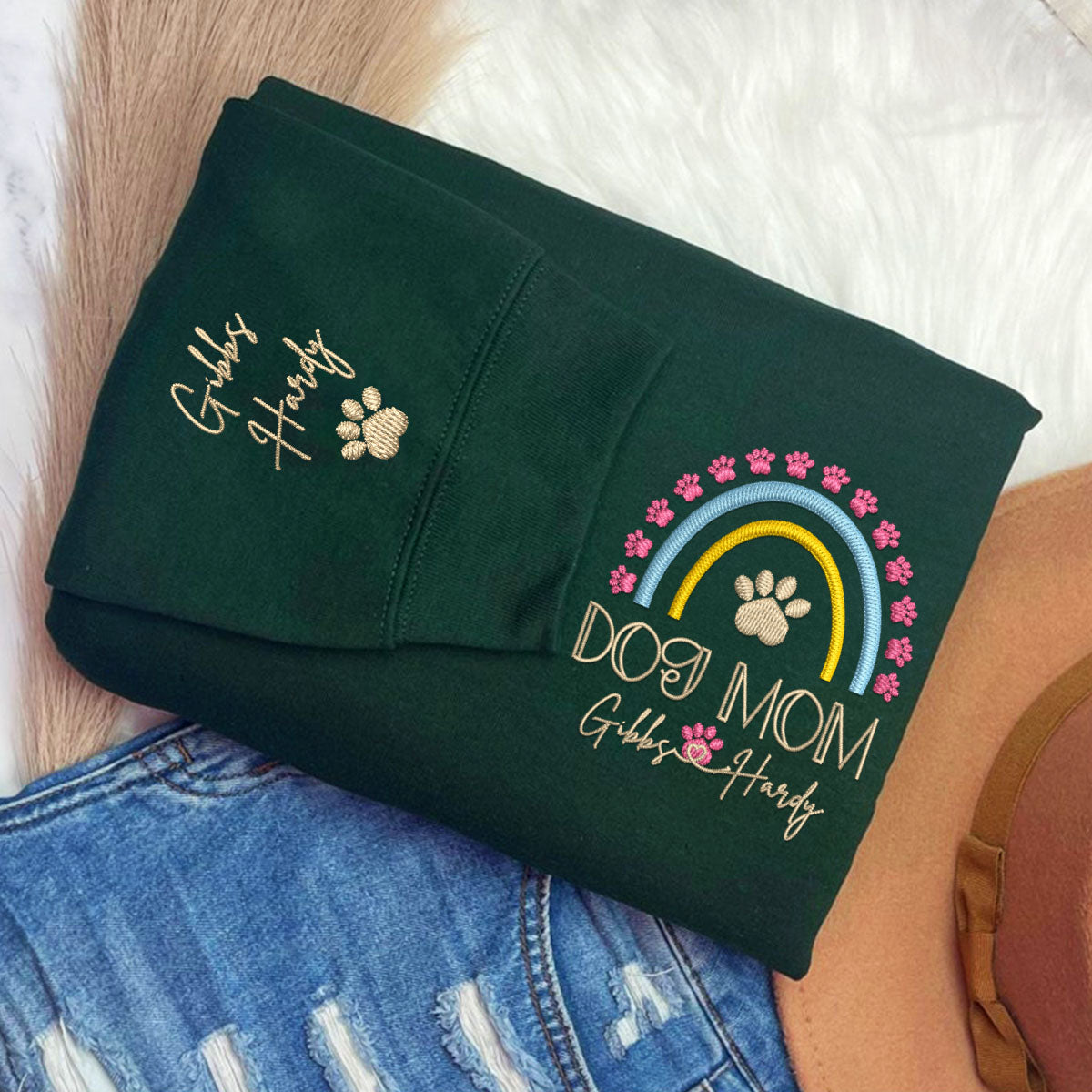 Embroidered Dog Mom Hoodie with Pet Names - Rainbow Design Pet Gift