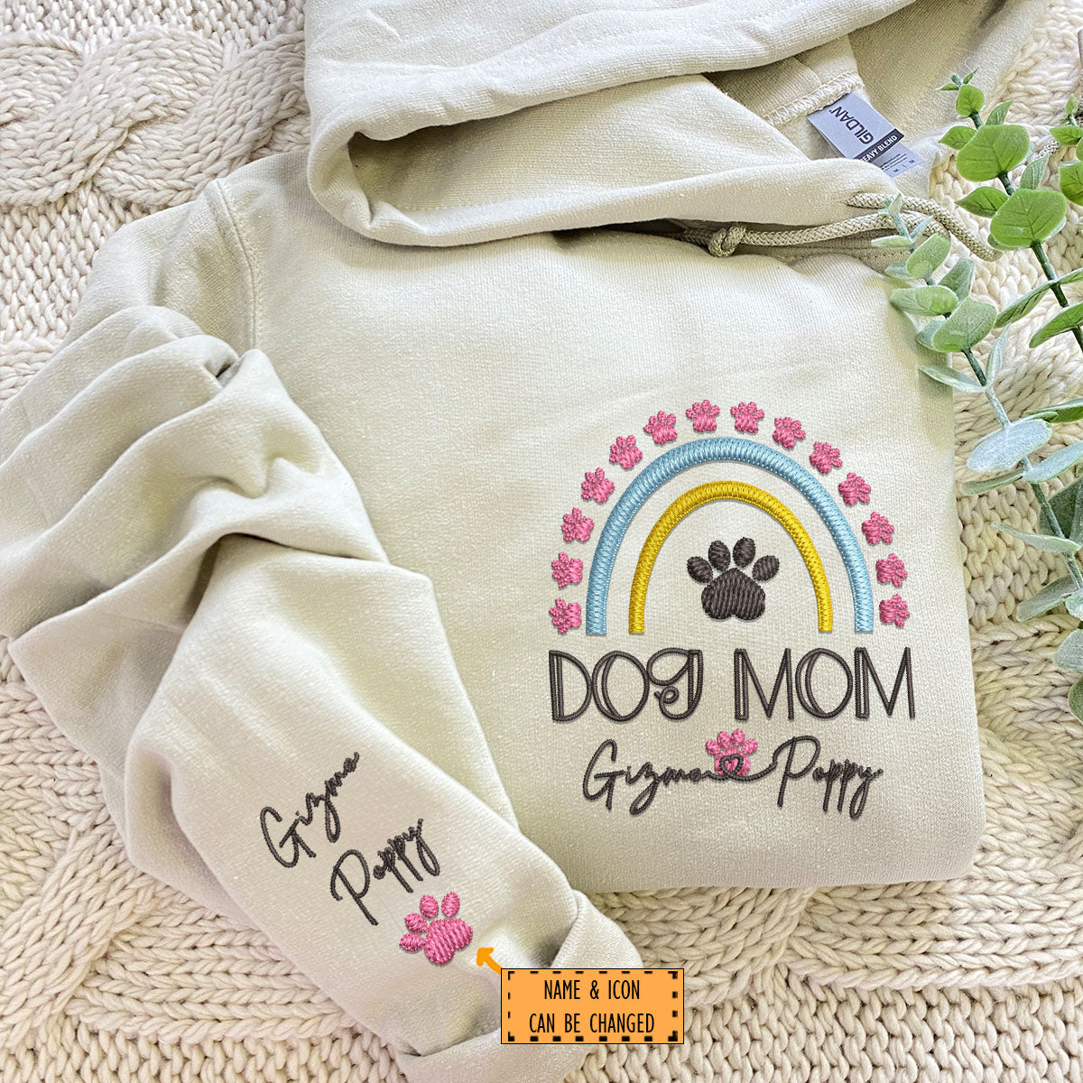 Embroidered Dog Mom Hoodie with Pet Names - Rainbow Design Pet Gift