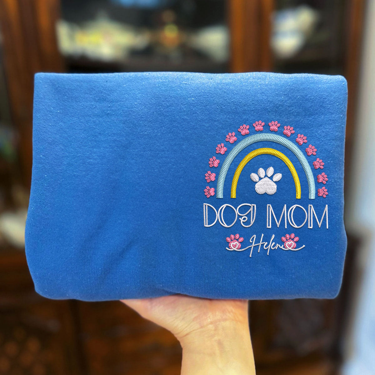 Embroidered Dog Mom Hoodie with Pet Names - Rainbow Design Pet Gift