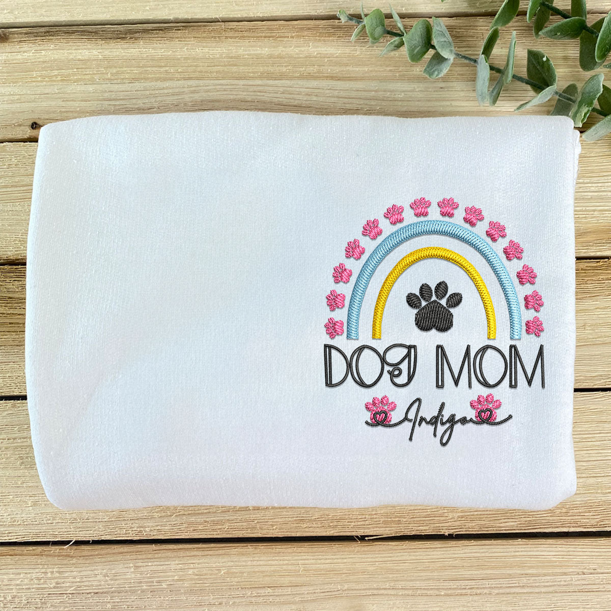 Embroidered Dog Mom Hoodie with Pet Names - Rainbow Design Pet Gift
