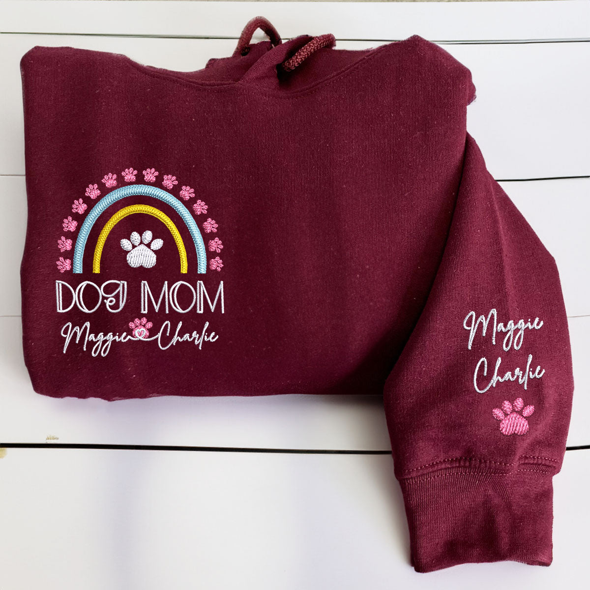 Embroidered Dog Mom Hoodie with Pet Names - Rainbow Design Pet Gift