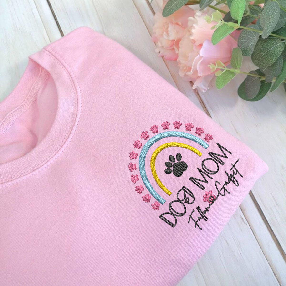 Embroidered Dog Mom Sweatshirt with Pet Names - Rainbow Design Pet Gift