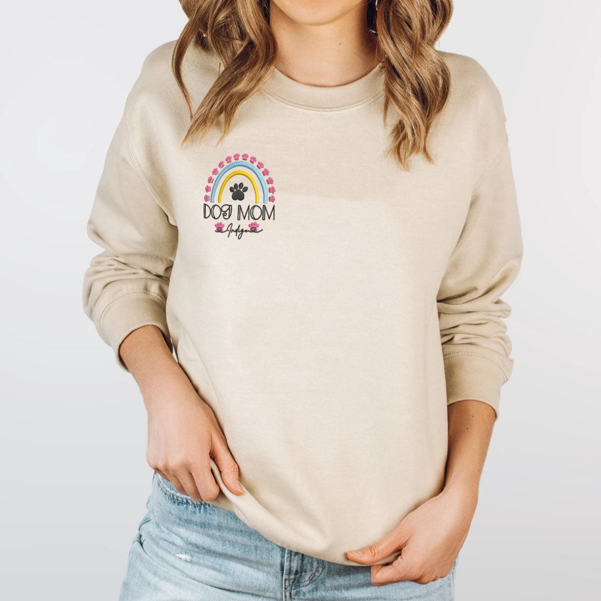 Embroidered Dog Mom Sweatshirt with Pet Names - Rainbow Design Pet Gift