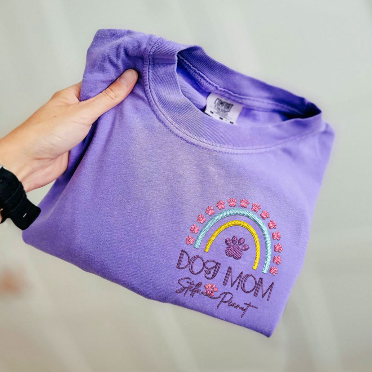 Embroidered Dog Mom T-Shirt with Pet Names - Rainbow Design Pet Gift
