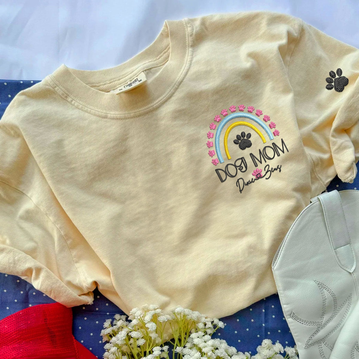 Embroidered Dog Mom T-Shirt with Pet Names - Rainbow Design Pet Gift