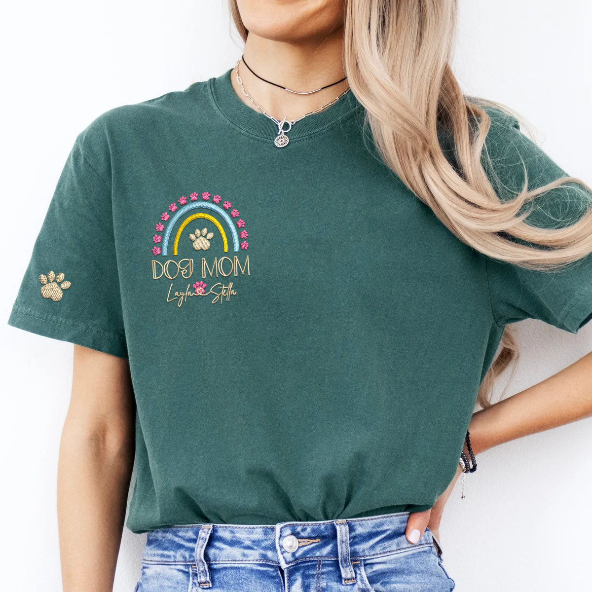 Embroidered Dog Mom T-Shirt with Pet Names - Rainbow Design Pet Gift
