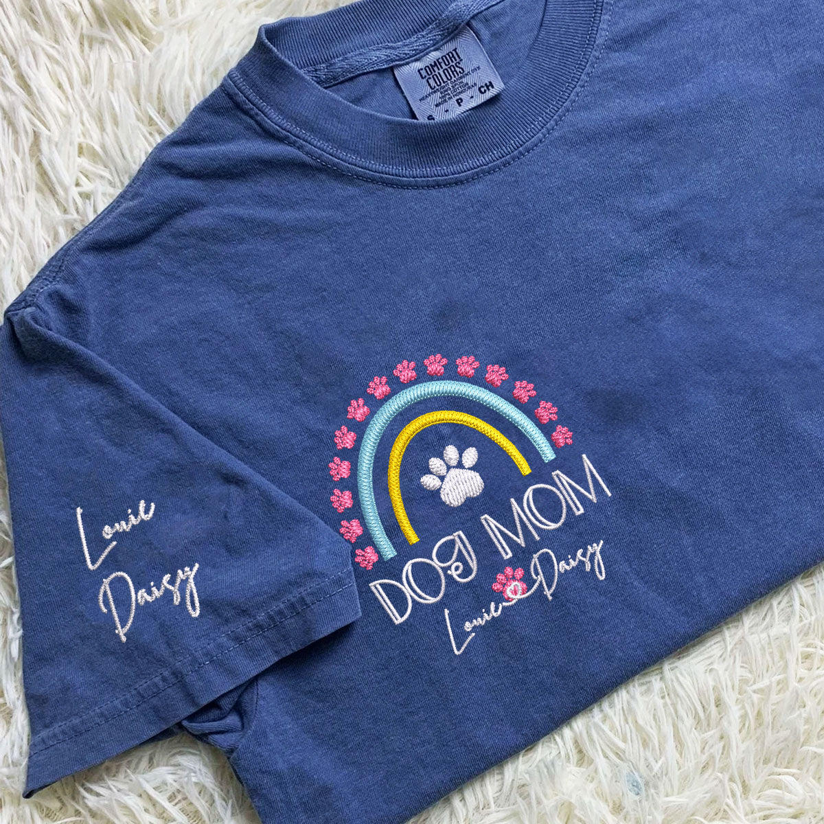 Embroidered Dog Mom T-Shirt with Pet Names - Rainbow Design Pet Gift