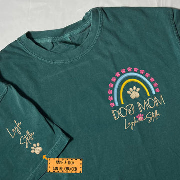 Embroidered Dog Mom T-Shirt with Pet Names - Rainbow Design Pet Gift