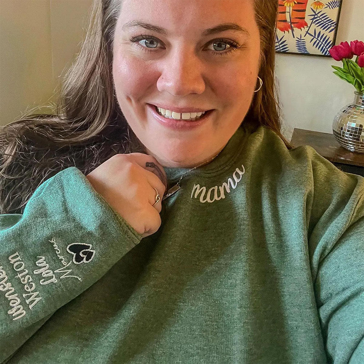 Embroidered Mama Neckline Sweatshirt with Kids Names - Mom Gift