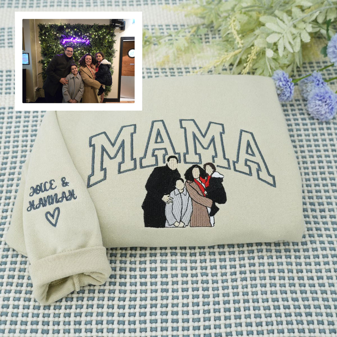 Embroidered Mama Portrait Hoodie with Kids - Mother's Day Gift