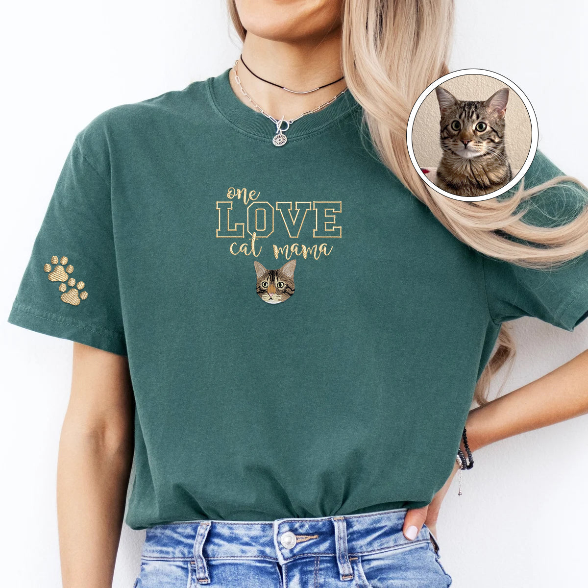 Embroidered One Love Cat Mama T-Shirt - Cat Mother Gift