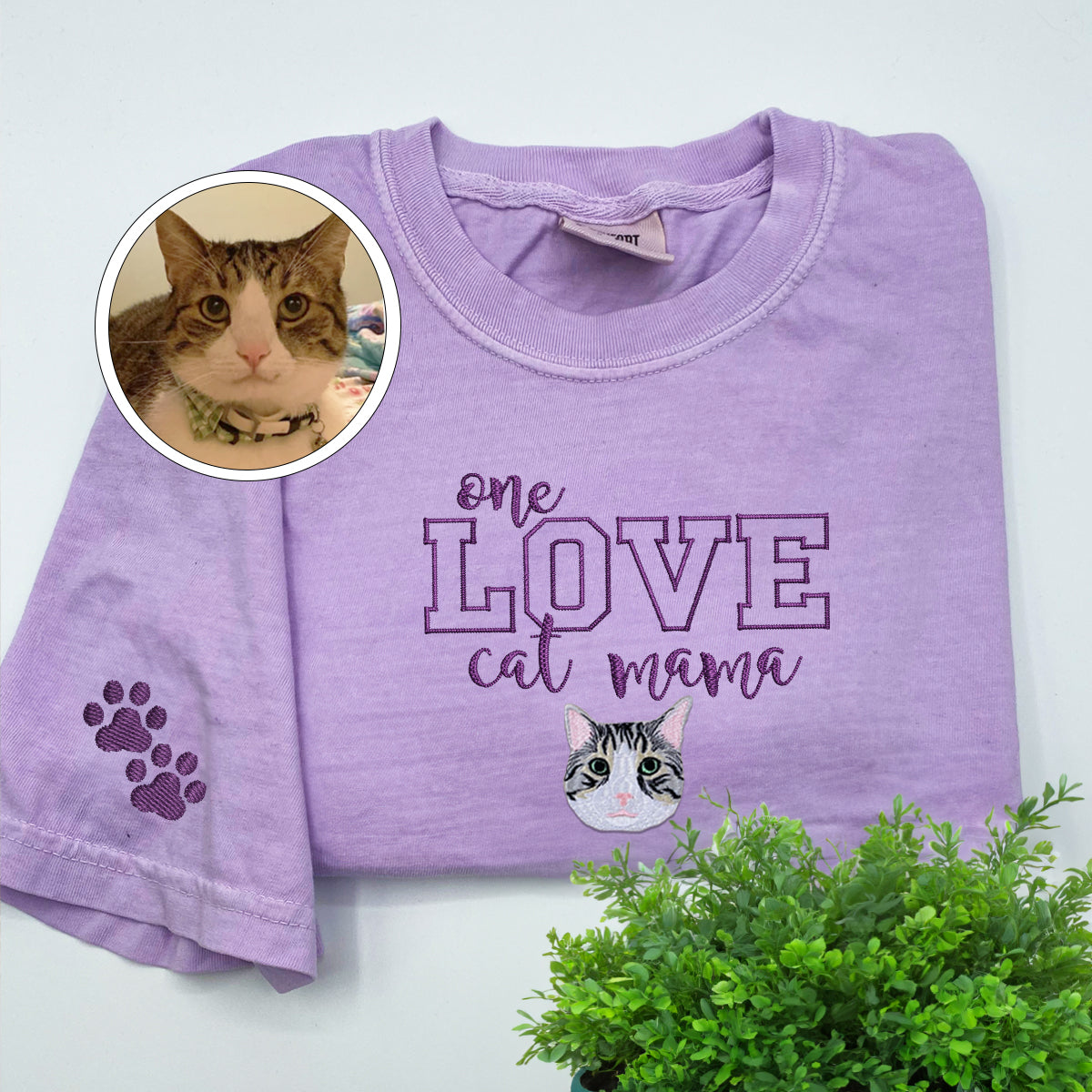 Embroidered One Love Cat Mama T-Shirt - Cat Mother Gift