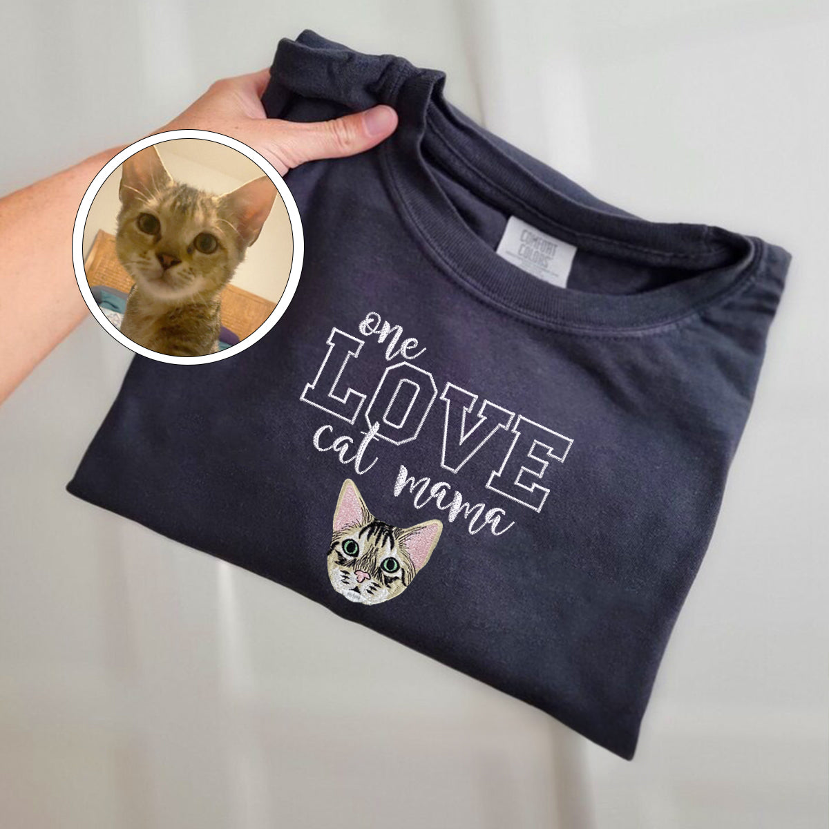 Embroidered One Love Cat Mama T-Shirt - Cat Mother Gift