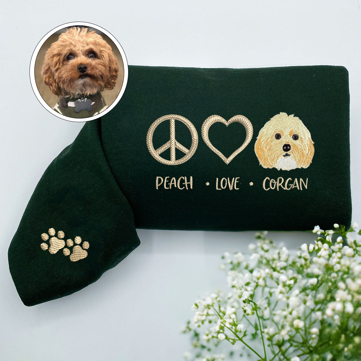 Embroidered Peace Love Pet Hoodie with Names - Pet Lover Gift
