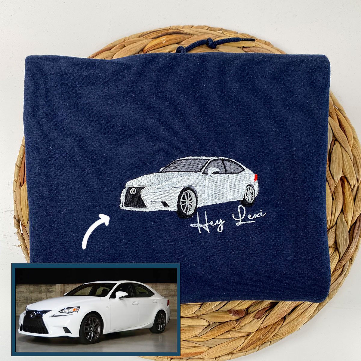 Embroidered Car Portrait Hoodie - Vehicle Photo Gift for Car Lovers