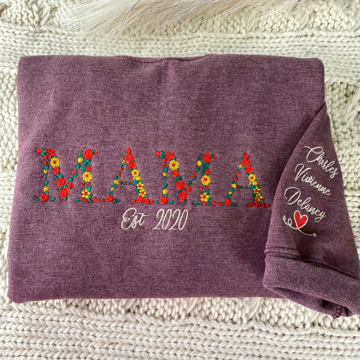 Embroidered Floral Mama Hoodie with Kids Names & Est Year - Mother's Day Gift