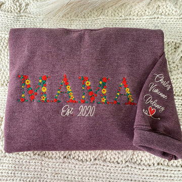 Embroidered Floral Mama Hoodie with Kids Names & Est Year - Mother's Day Gift