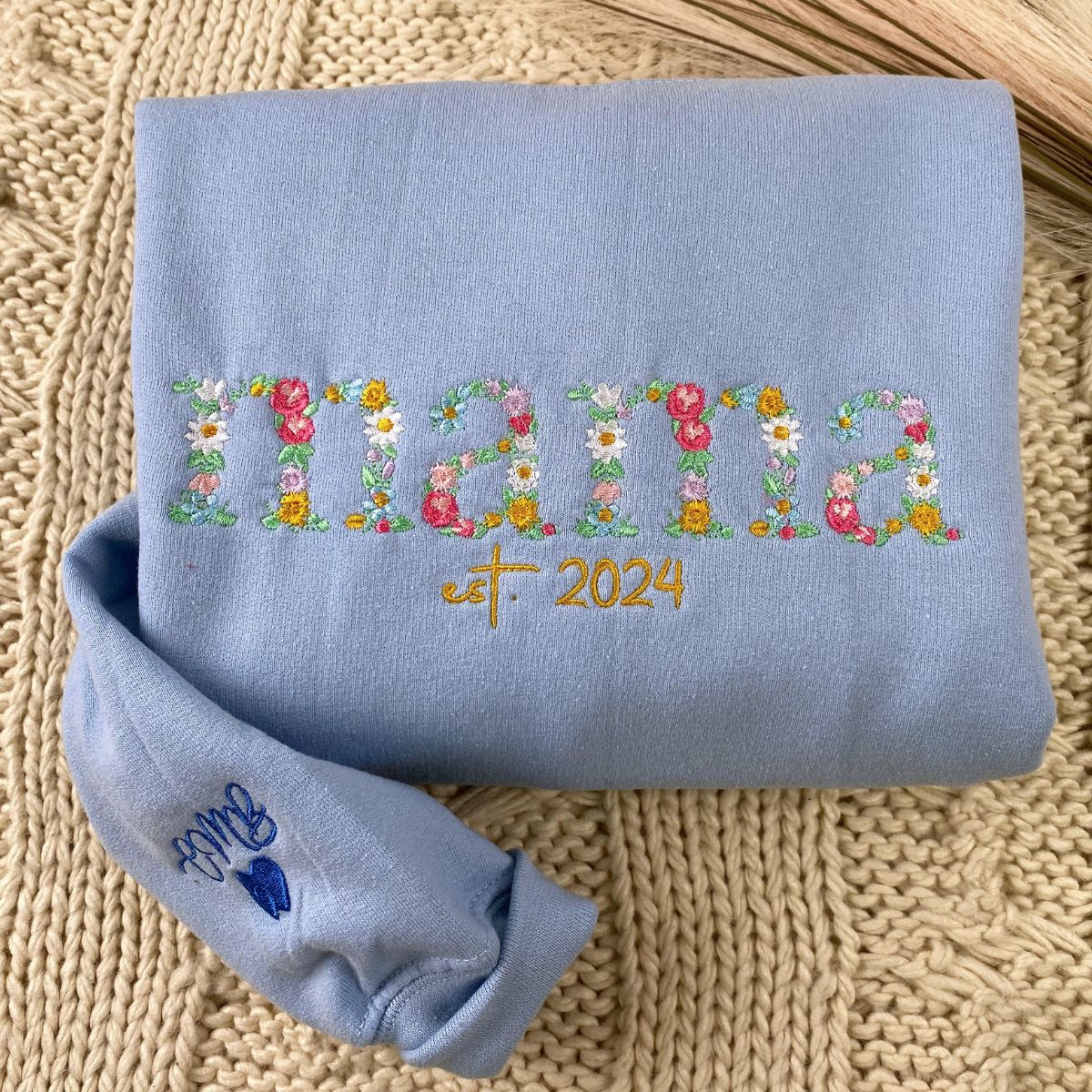 Embroidered Floral Mama Hoodie with Kids Names & Est Year - Mother's Day Gift