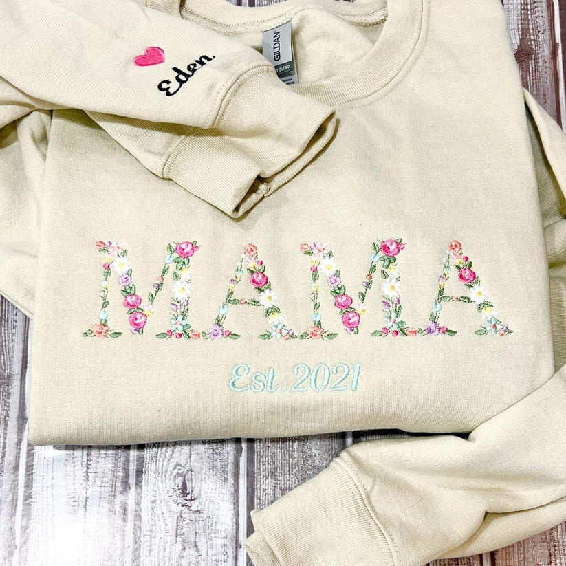 Embroidered Floral Mama Hoodie with Kids Names & Est Year - Mother's Day Gift