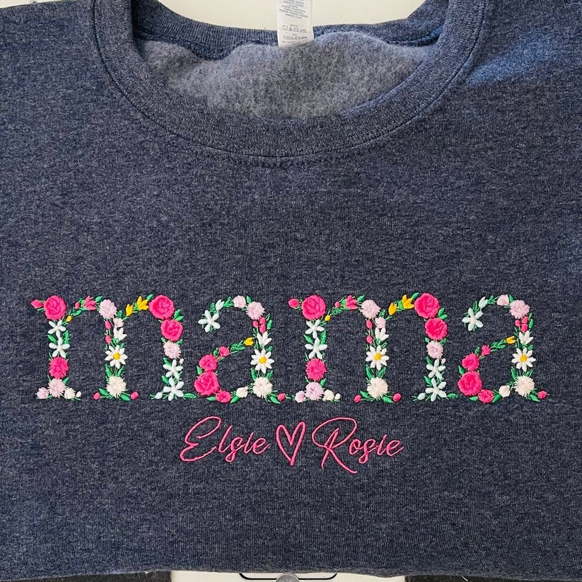 Embroidered Floral Mama Hoodie with Kids Names & Est Year - Mother's Day Gift