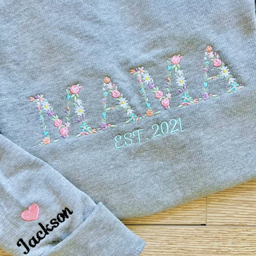 Embroidered Floral Mama Hoodie with Kids Names & Est Year - Mother's Day Gift
