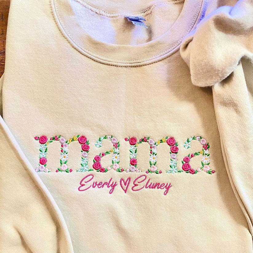 Embroidered Floral Mama Hoodie with Kids Names & Est Year - Mother's Day Gift