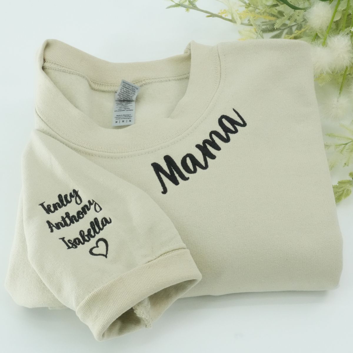 Embroidered Mama Neckline Sweatshirt with Kids Names - Mom Gift