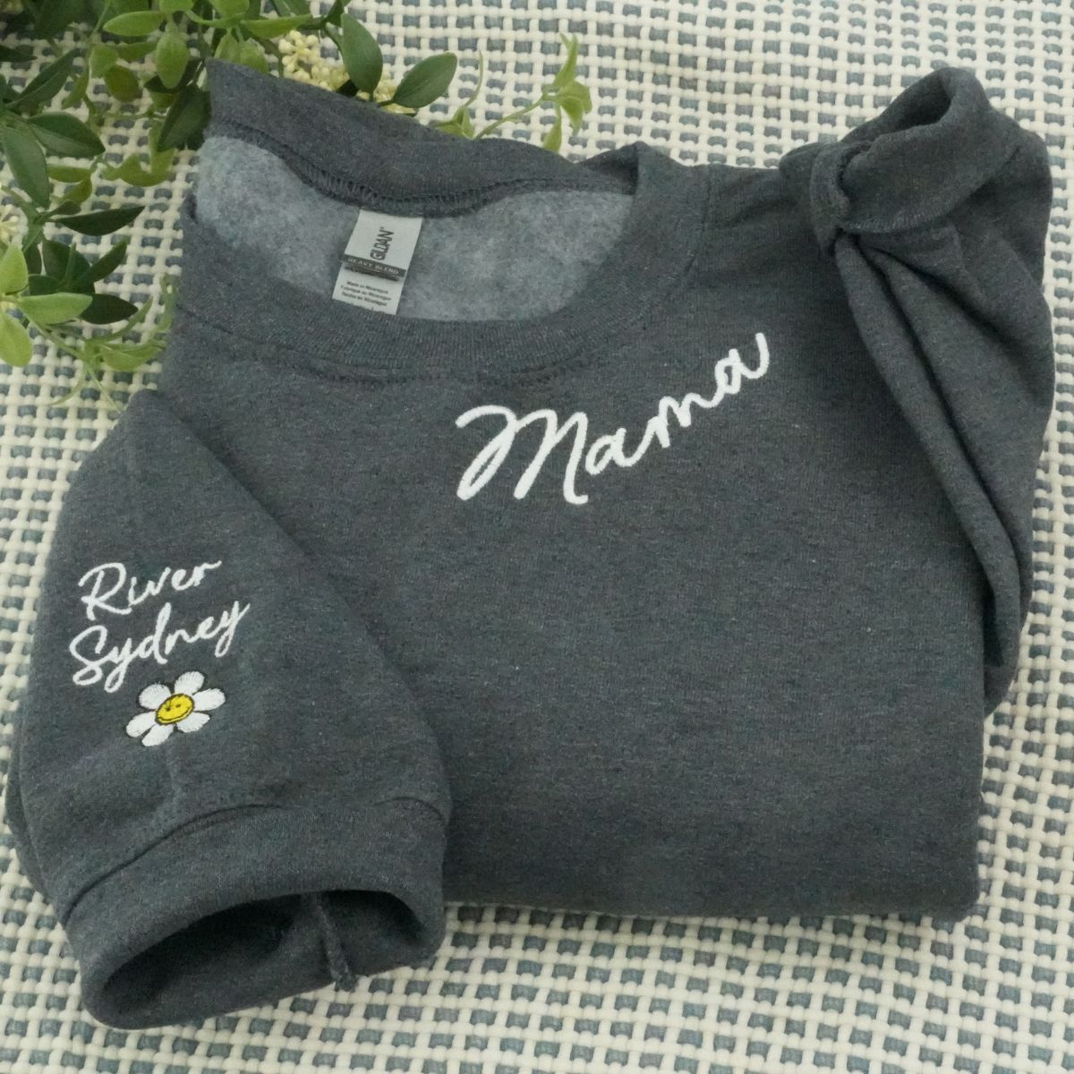 Embroidered Mama Neckline Sweatshirt with Kids Names - Mom Gift