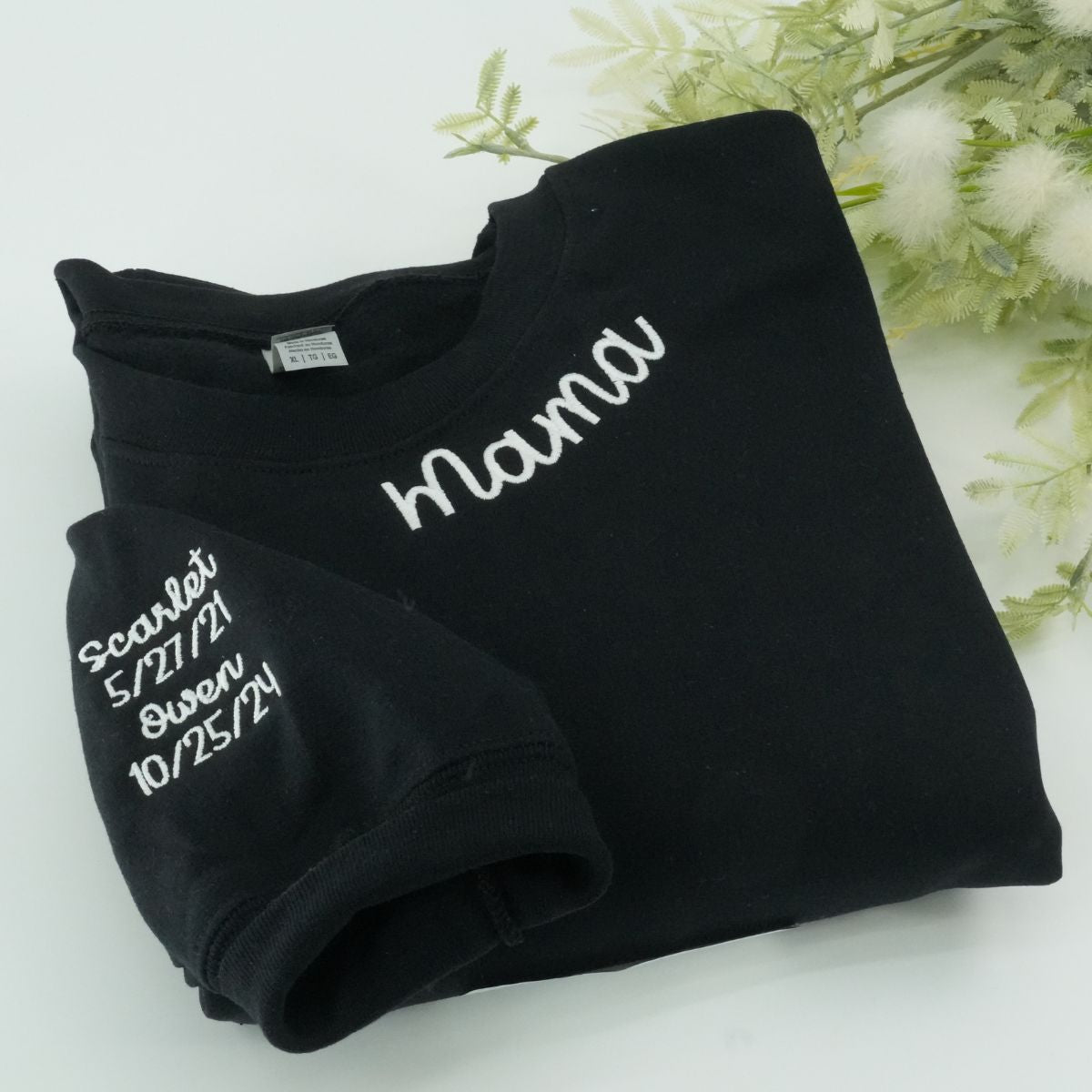 Embroidered Mama Neckline Sweatshirt with Kids Names - Mom Gift